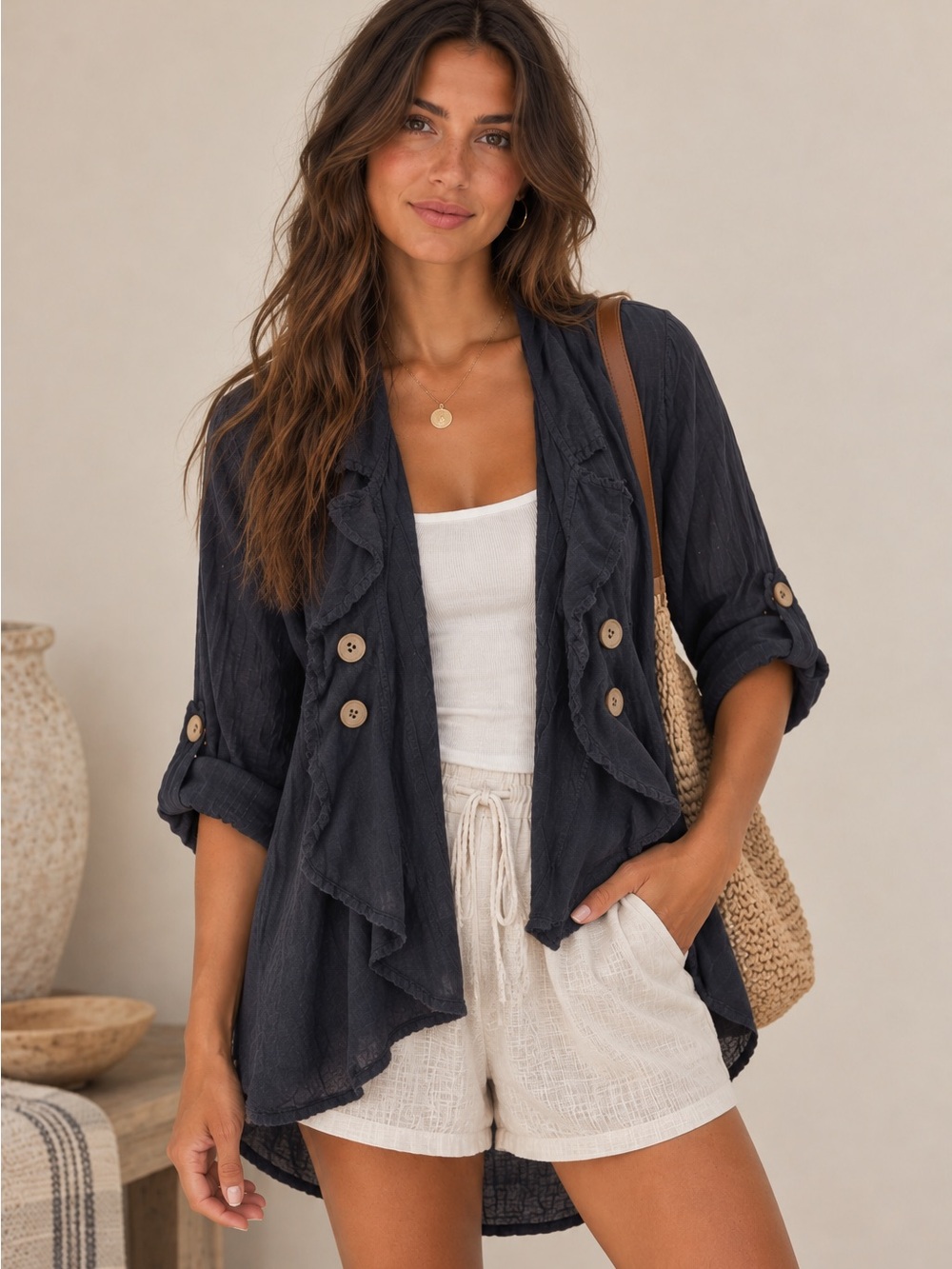 BOHABILLE • linen cardigan with draped shawl collar and asymmetrical ruffle
